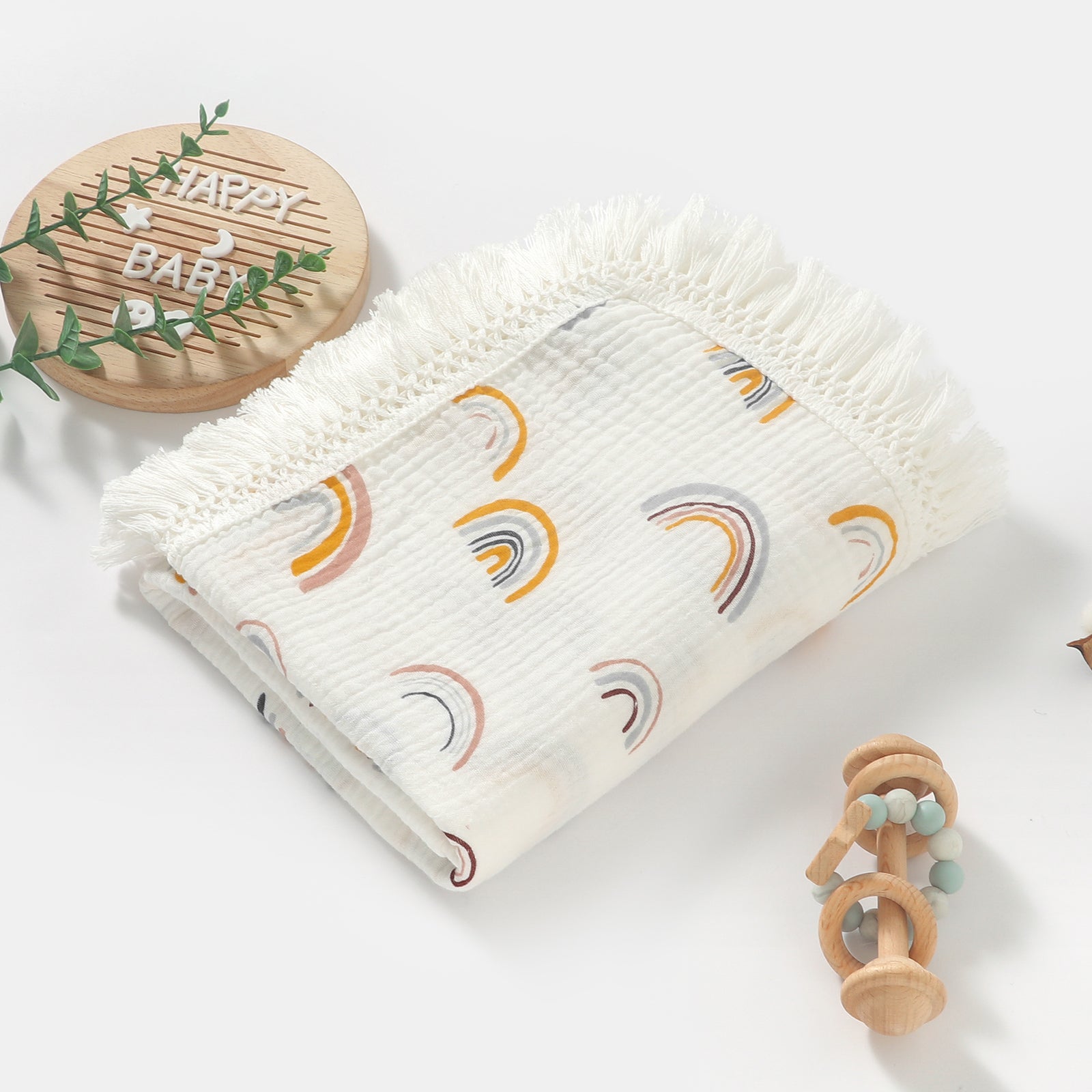 Rainbow Cotton Muslin Tassel Swaddle Blanket