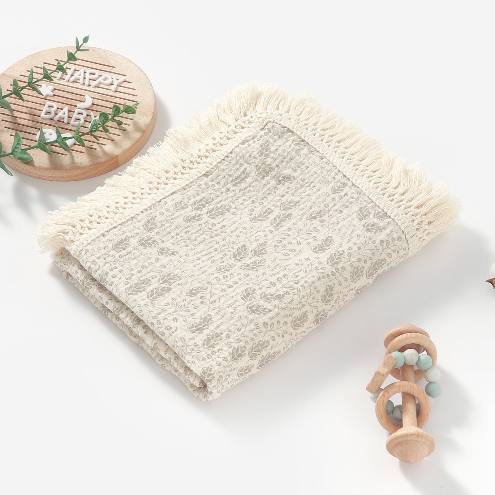 Vintage Leaf Cotton Muslin Tassel Swaddle Blanket
