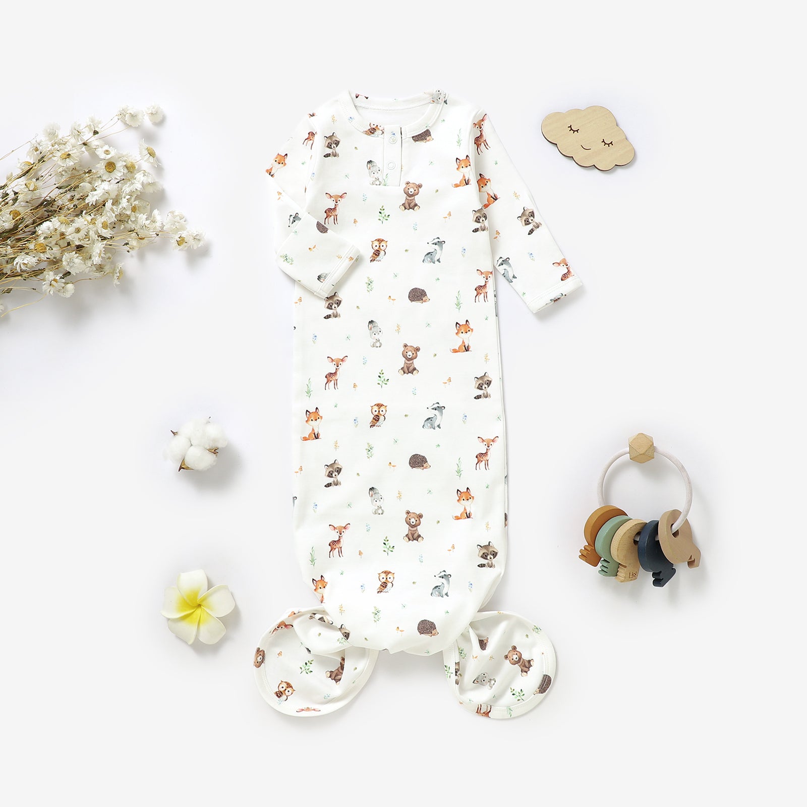 Organic Cotton Knotted Gown - Woodland Animals