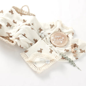 Little Teddy Bear Organic Cotton Muslin Tassel Swaddle Blanket