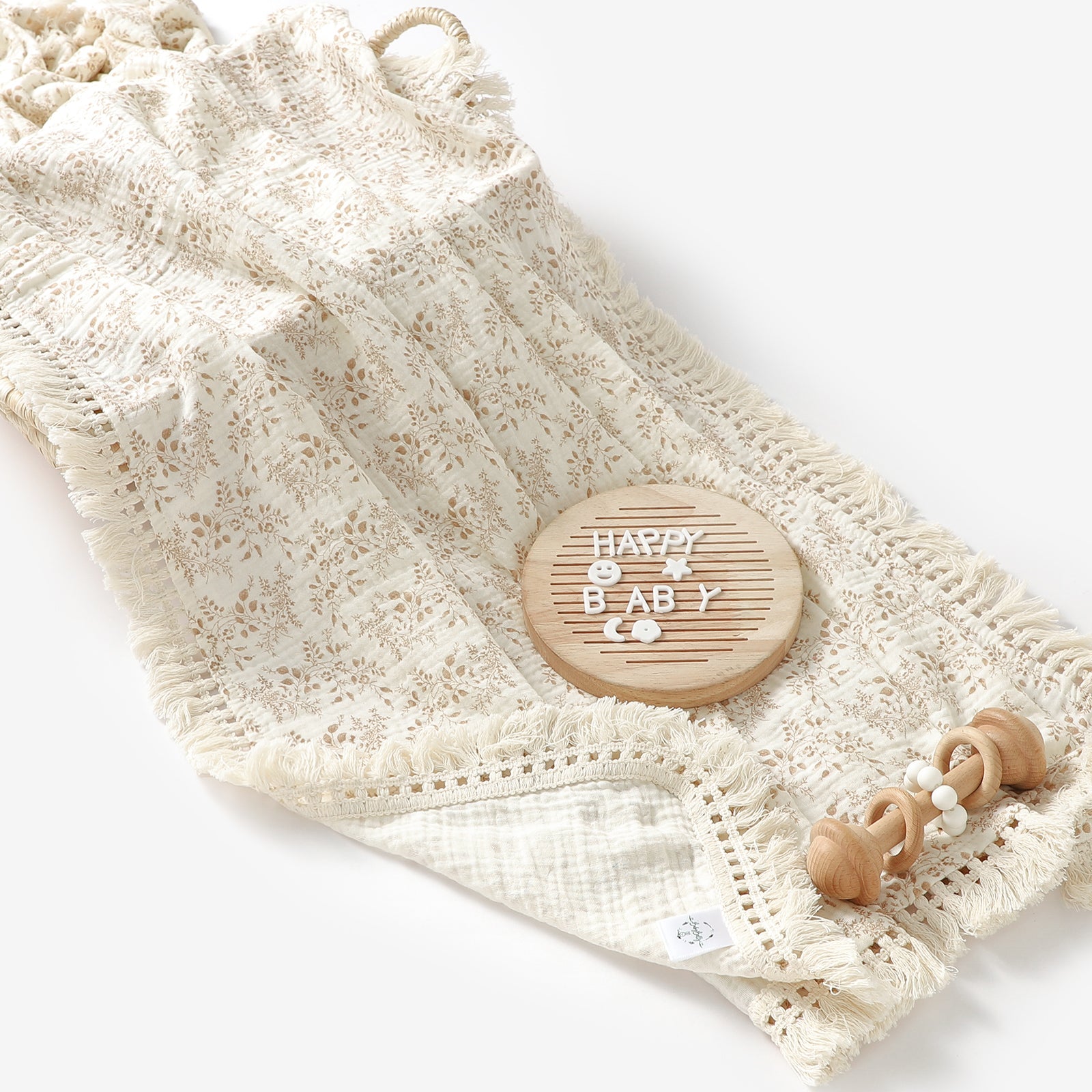 Neutral Floral Organic Cotton Muslin Tassel Swaddle Blanket