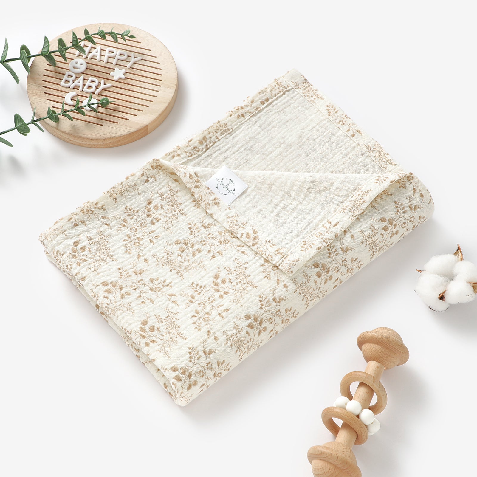 Neutral Floral Organic Cotton Muslin Swaddle Blanket