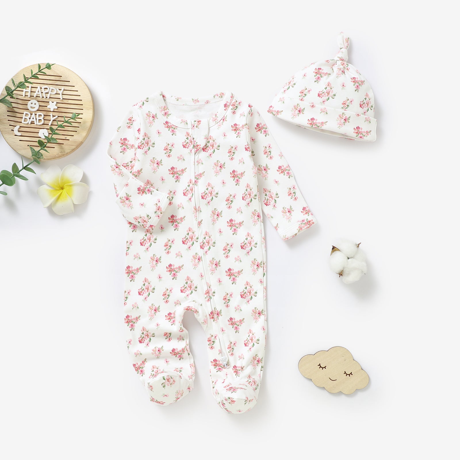 Organic Cotton Sleepsuit & Hat Set - Rose Blossom