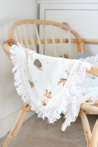 Woodland Animals Organic Cotton & Bamboo Muslin Tassel Swaddle Blanket