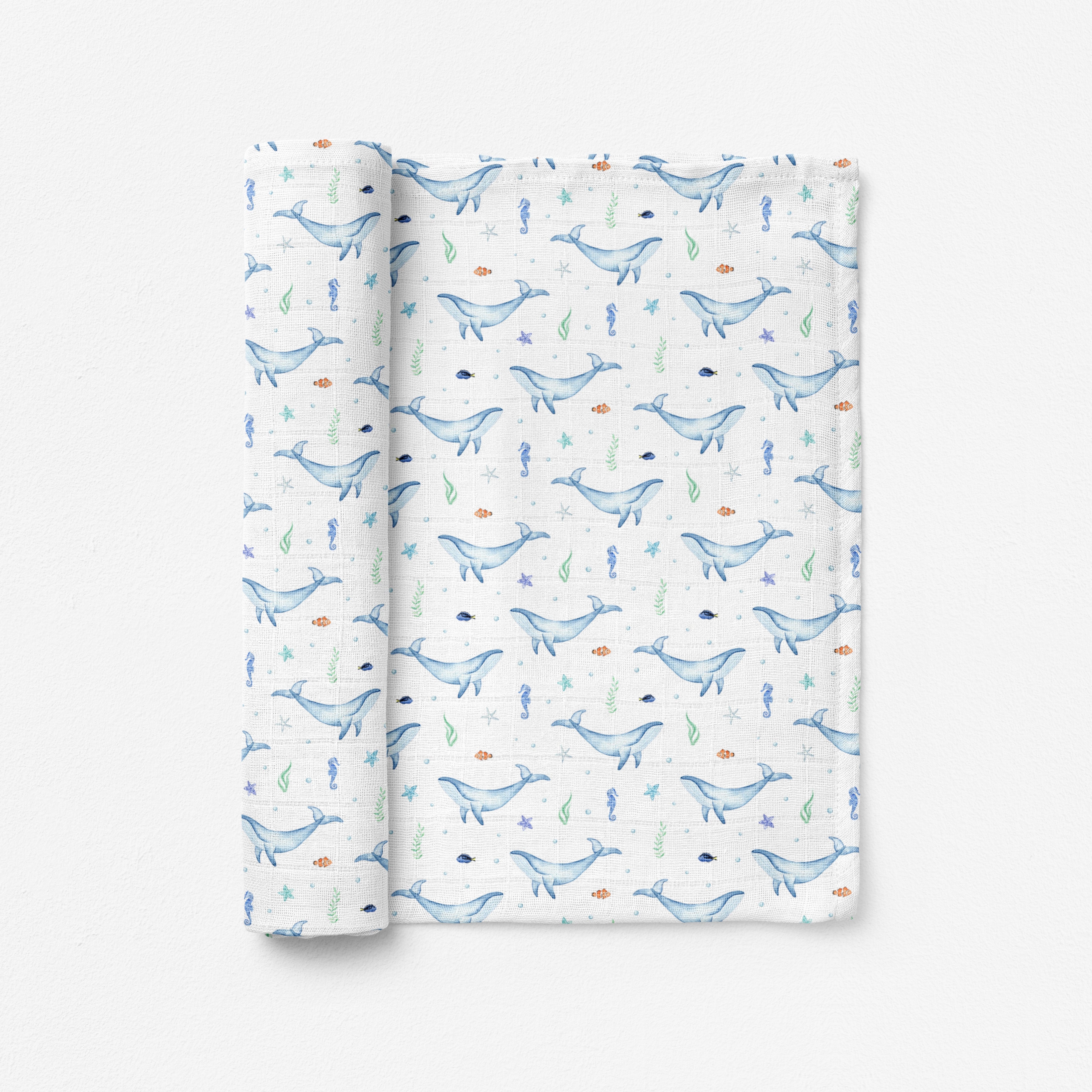 Silky Soft Organic Cotton & Bamboo Muslin Swaddle Blanket - Blue Whale