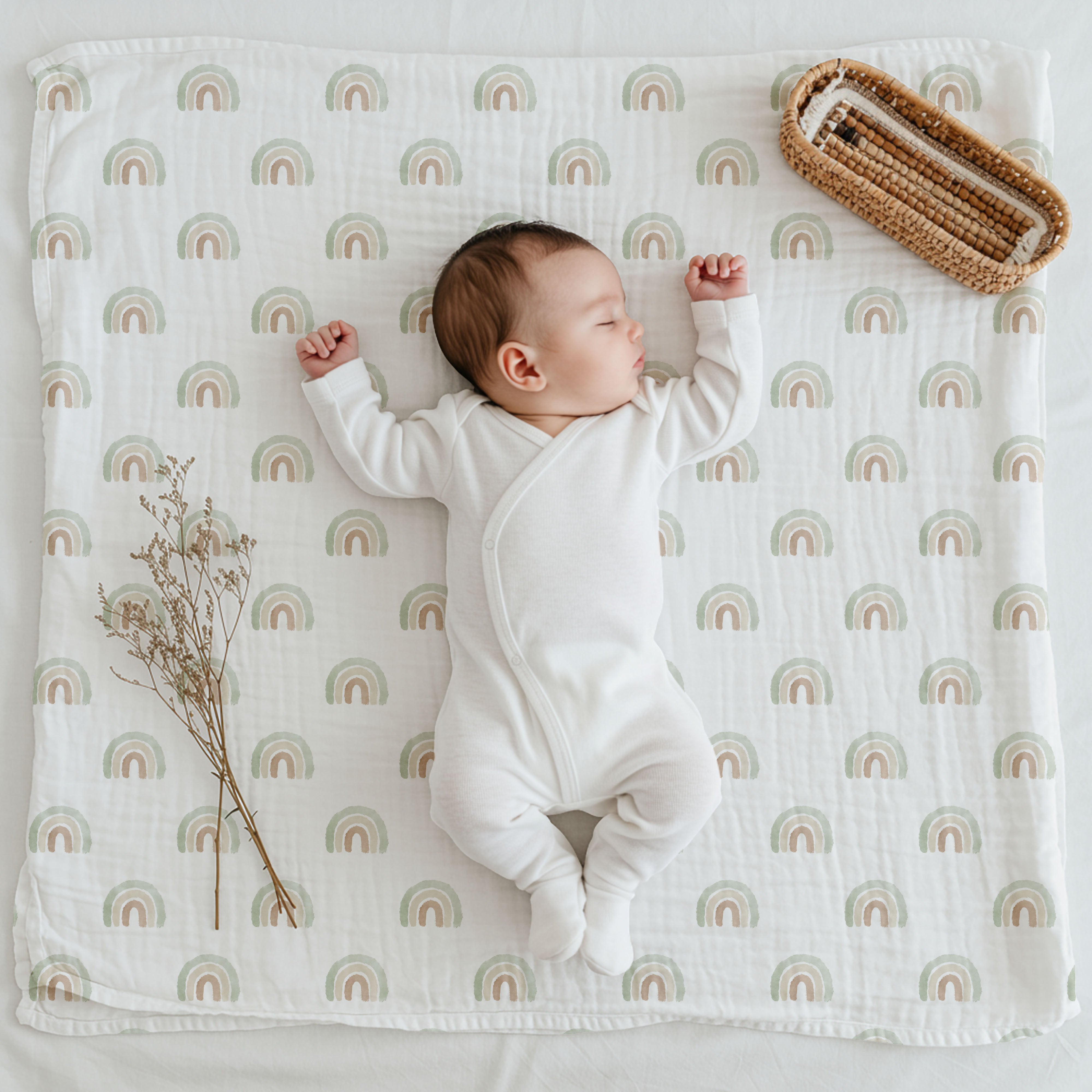 Silky Soft Organic Cotton & Bamboo Muslin Swaddle Blanket - Sage Rainbow