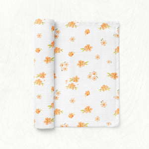 Silky Soft Organic Cotton & Bamboo Muslin Swaddle Blanket - Peach Blossom & Daisy
