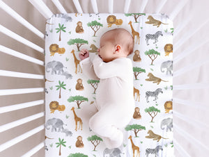 Organic Cotton & Bamboo Muslin Cot Bed Sheet - Safari Animals