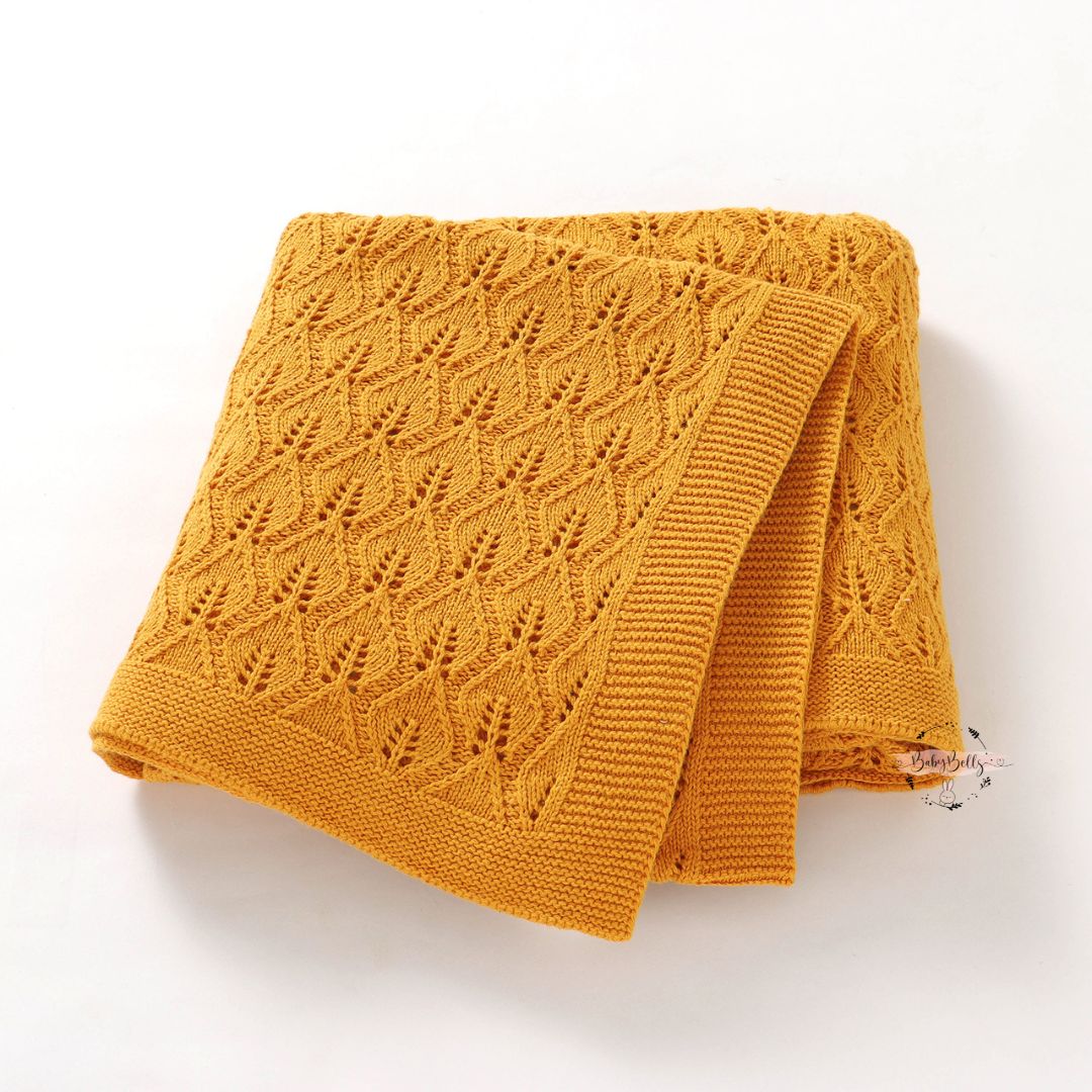 Organic Cotton Leaf Knitted Cellular Blanket - Ochre