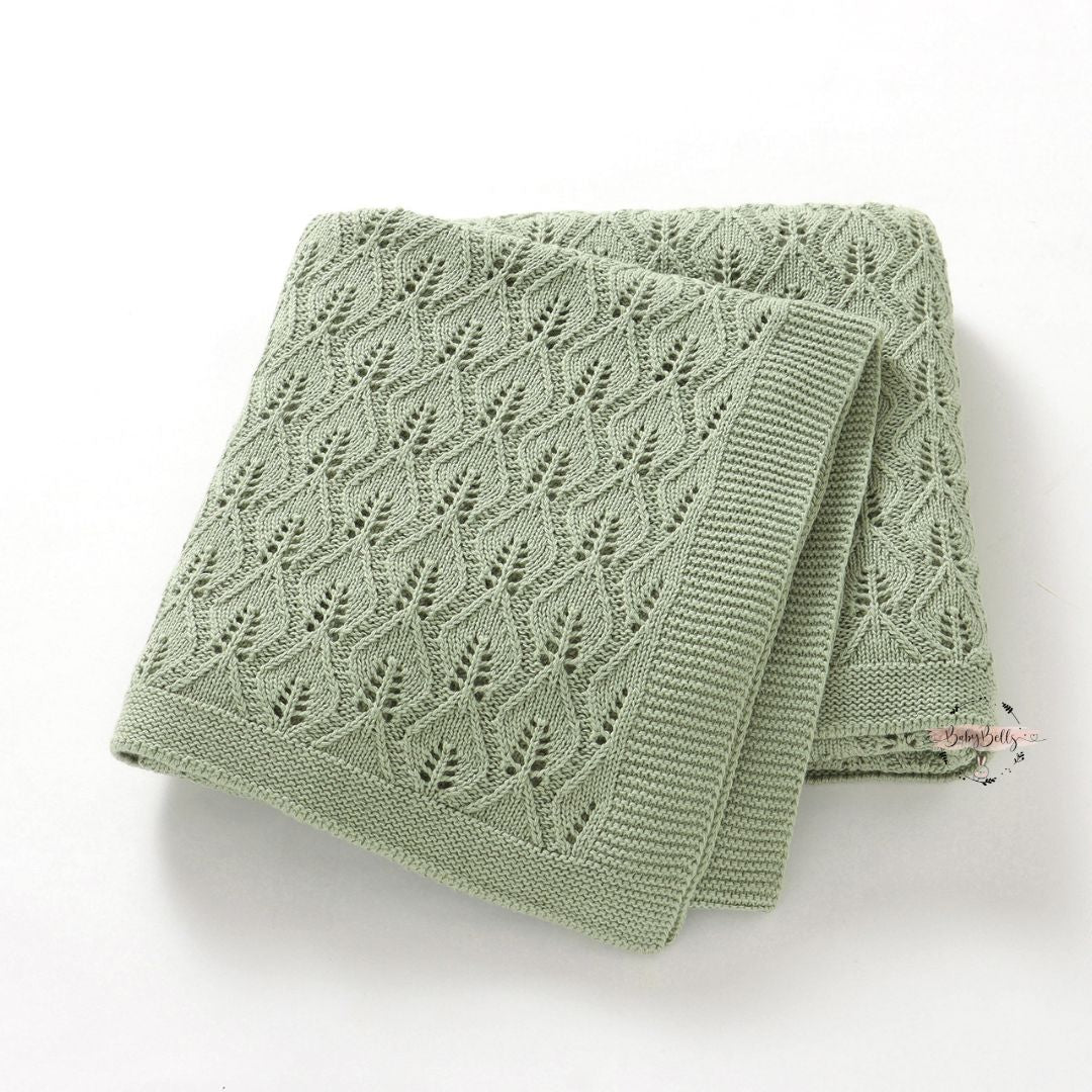 Organic Cotton Leaf Knitted Cellular Blanket - Sage Green
