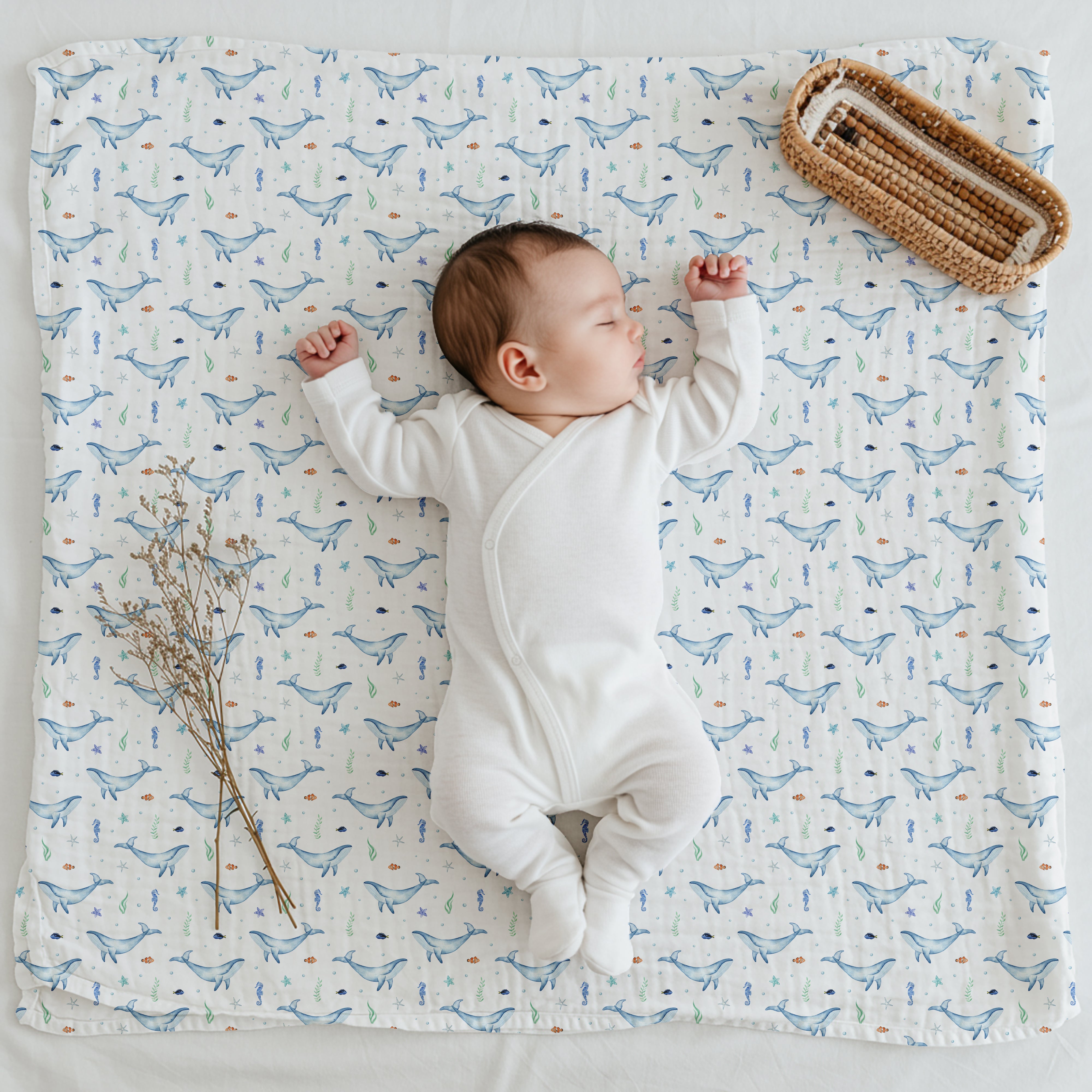 Silky Soft Organic Cotton & Bamboo Muslin Swaddle Blanket - Blue Whale