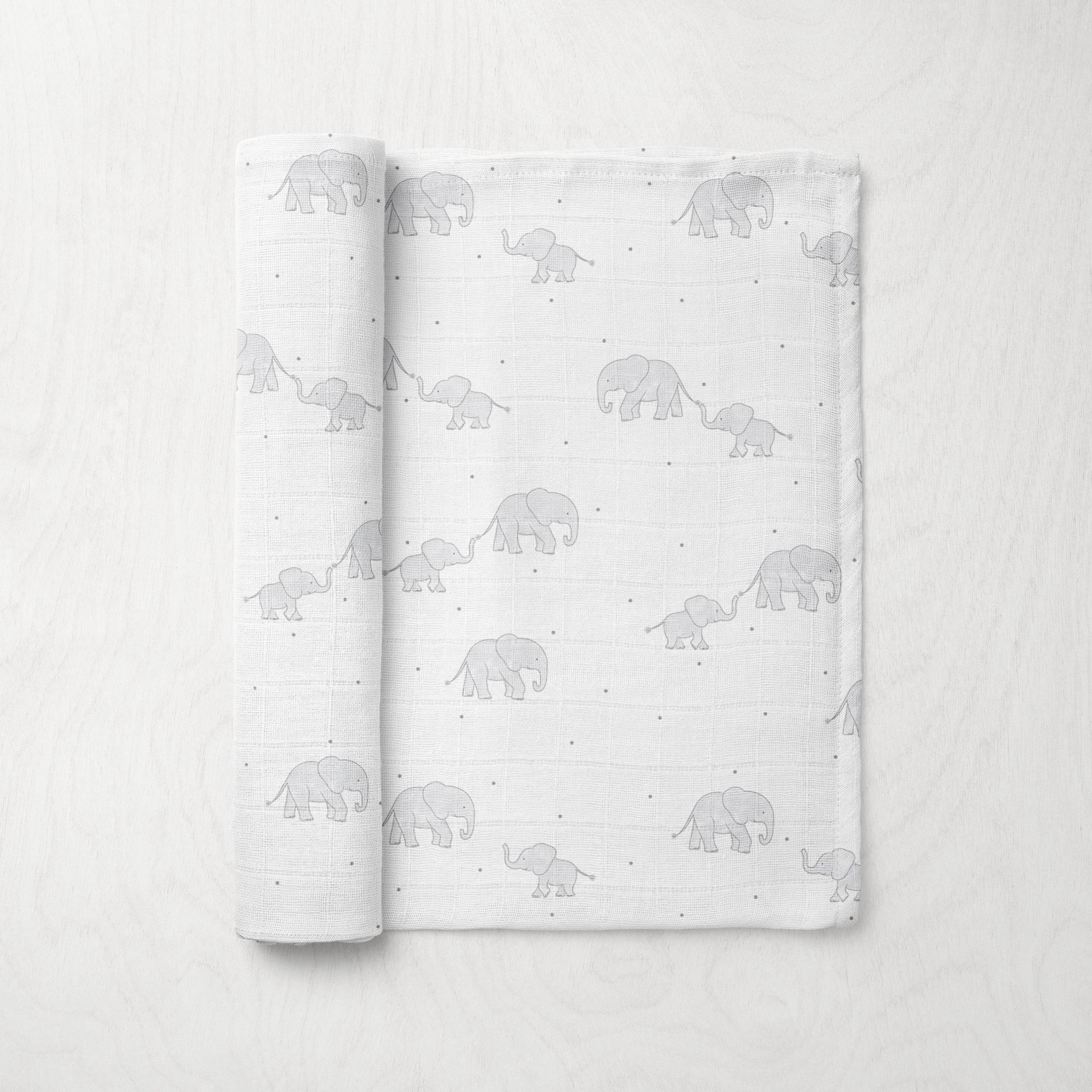 Silky Soft Organic Cotton & Bamboo Muslin Swaddle Blanket - Elephants