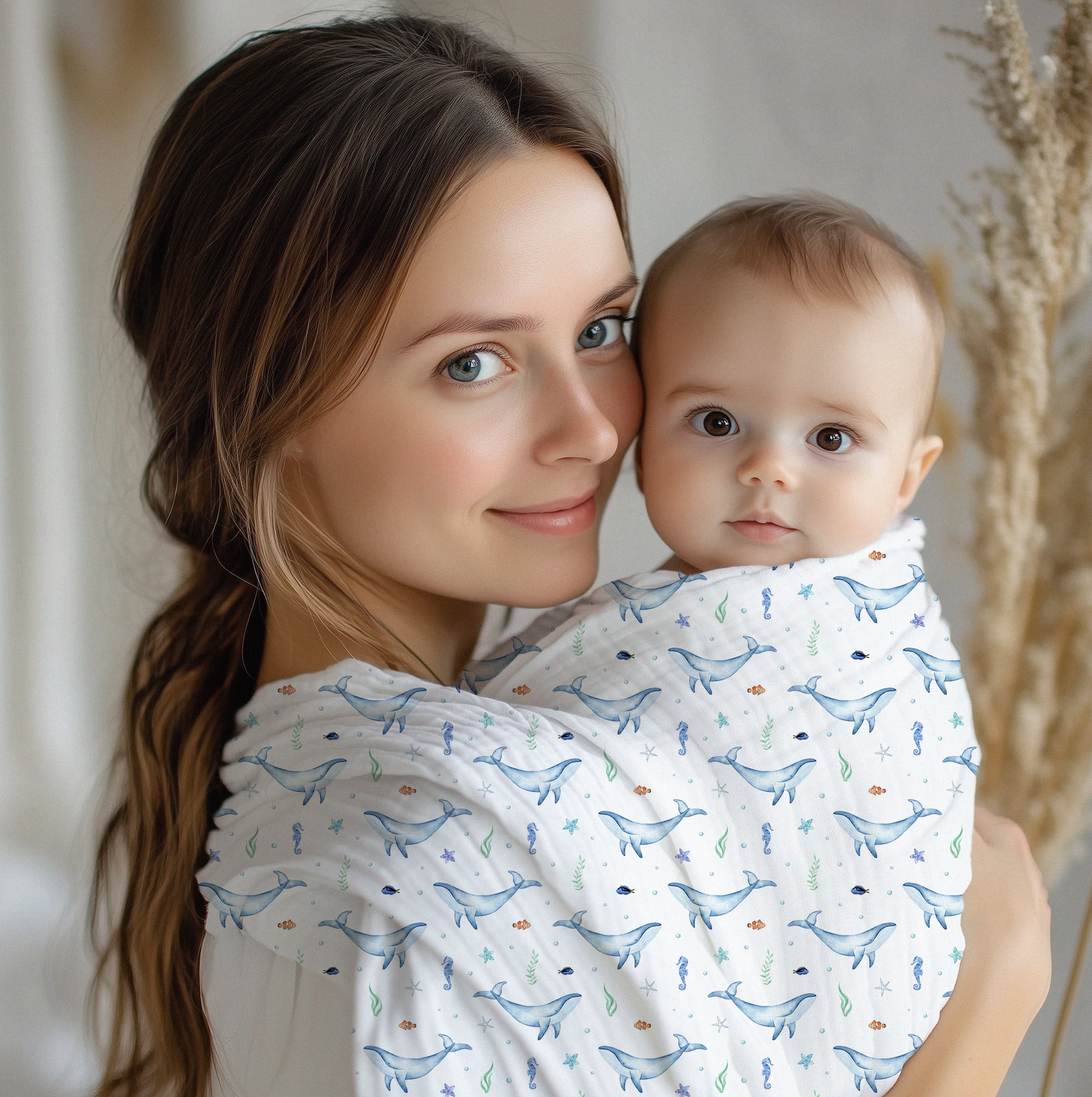 Silky Soft Organic Cotton & Bamboo Muslin Swaddle Blanket - Blue Whale
