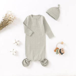 Organic Cotton Knotted Gown & Hat Set - Earl Grey