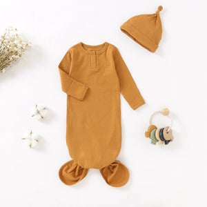Organic Cotton Knotted Gown & Hat Set - Caramel