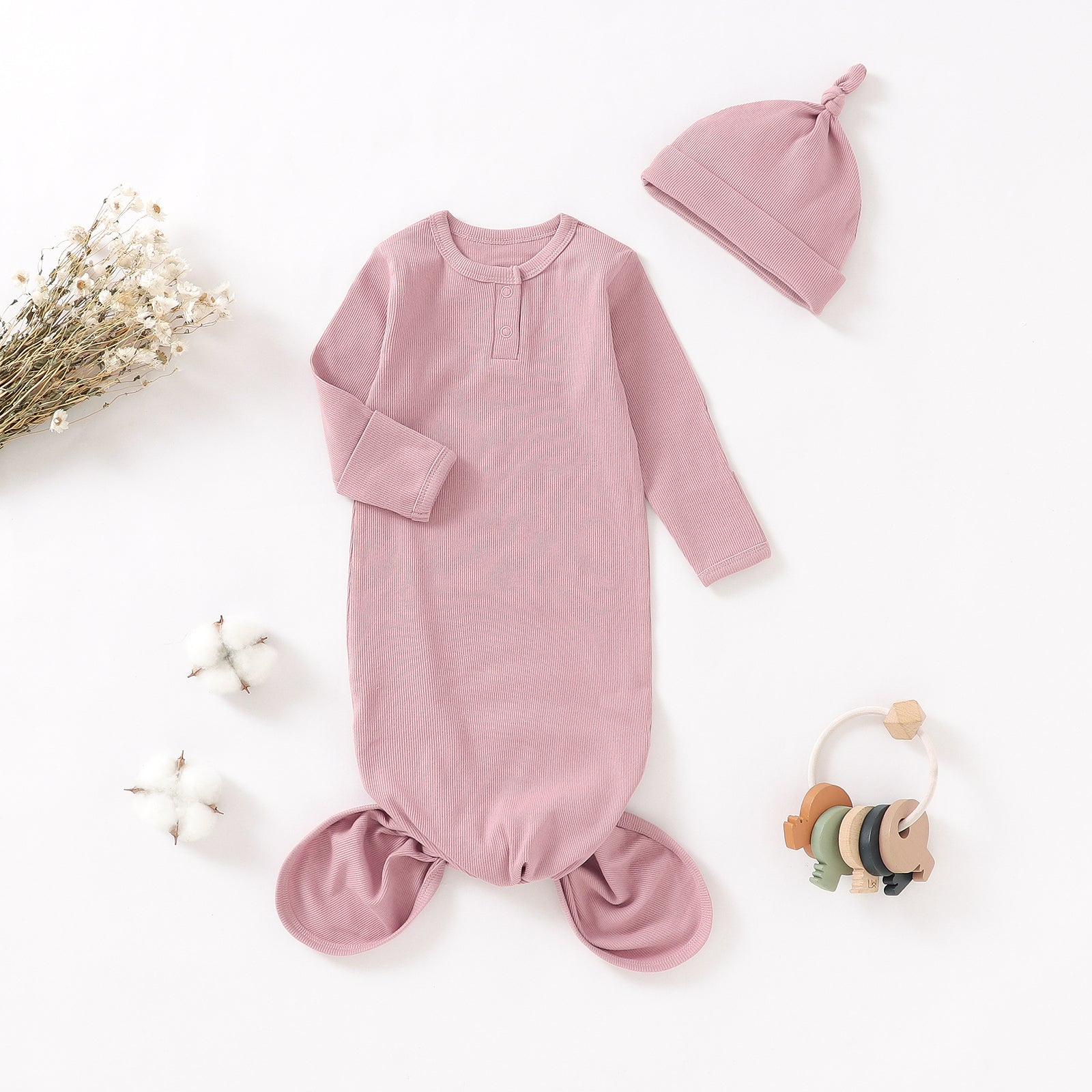 Organic Cotton Knotted Gown & Hat Set - Dusty Rose