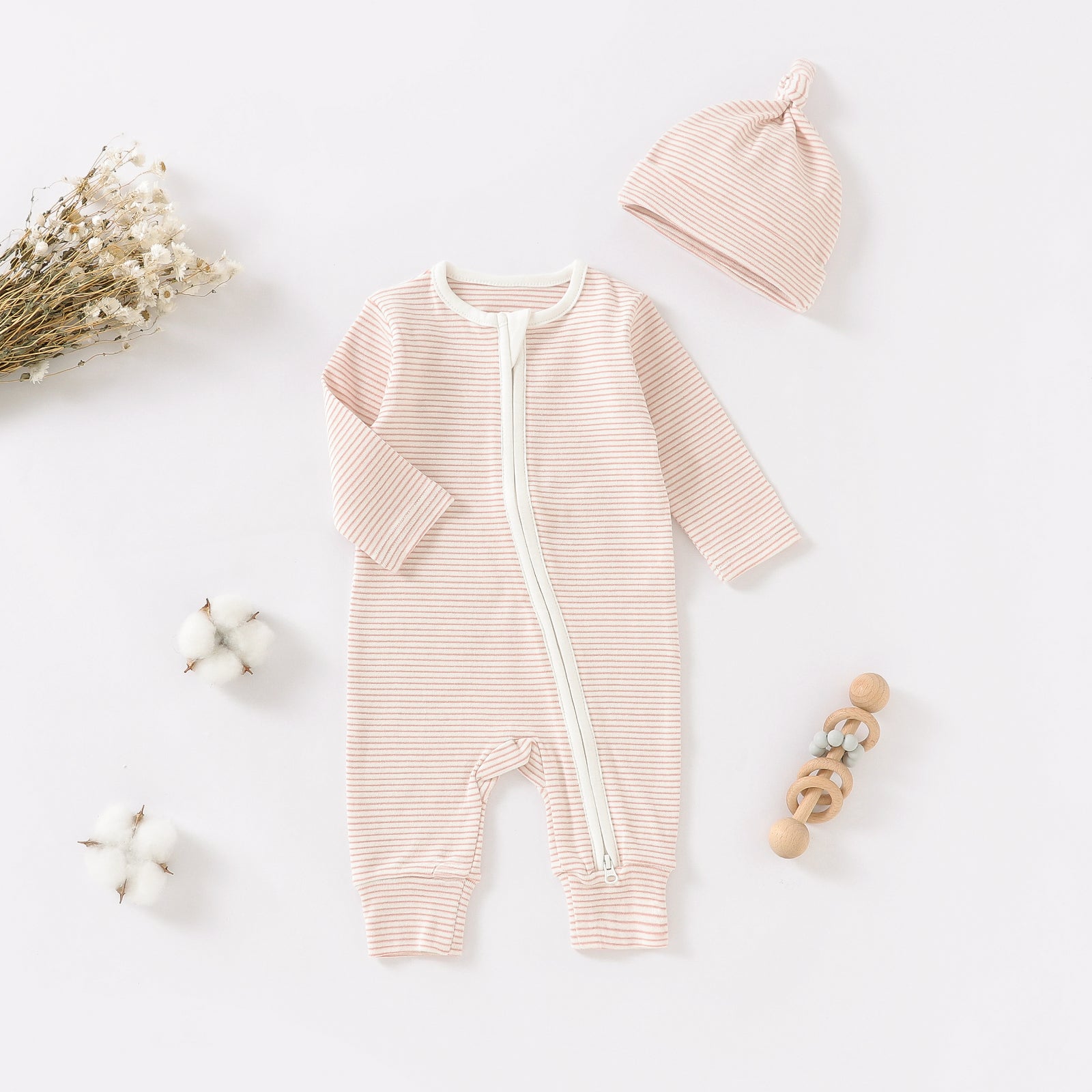 Organic Cotton Striped Zip Sleepsuit & Hat Set - Light Pink