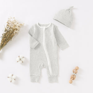 Organic Cotton Striped Zip Sleepsuit & Hat Set - Light Grey