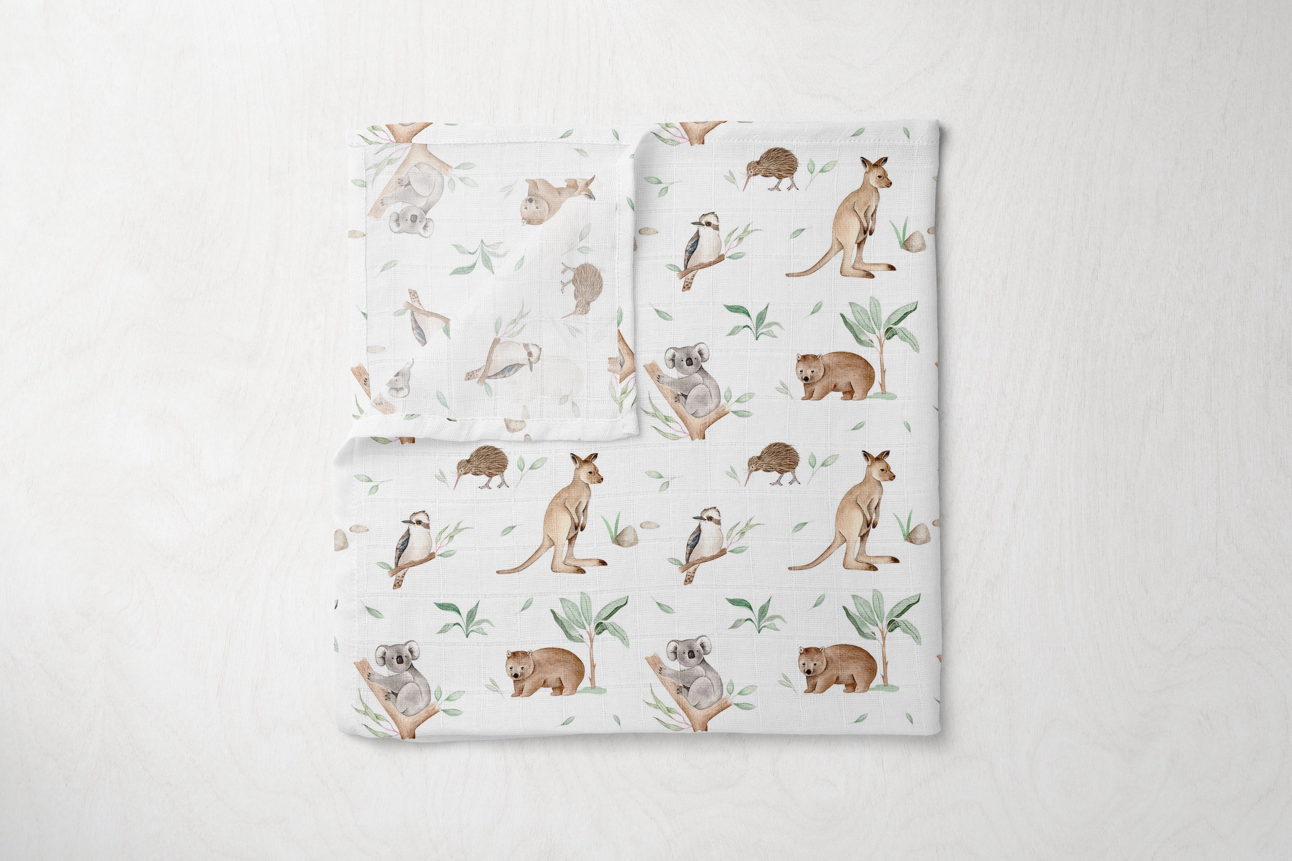 Silky Soft Organic Cotton & Bamboo Muslin Swaddle Blanket - Australian Animals