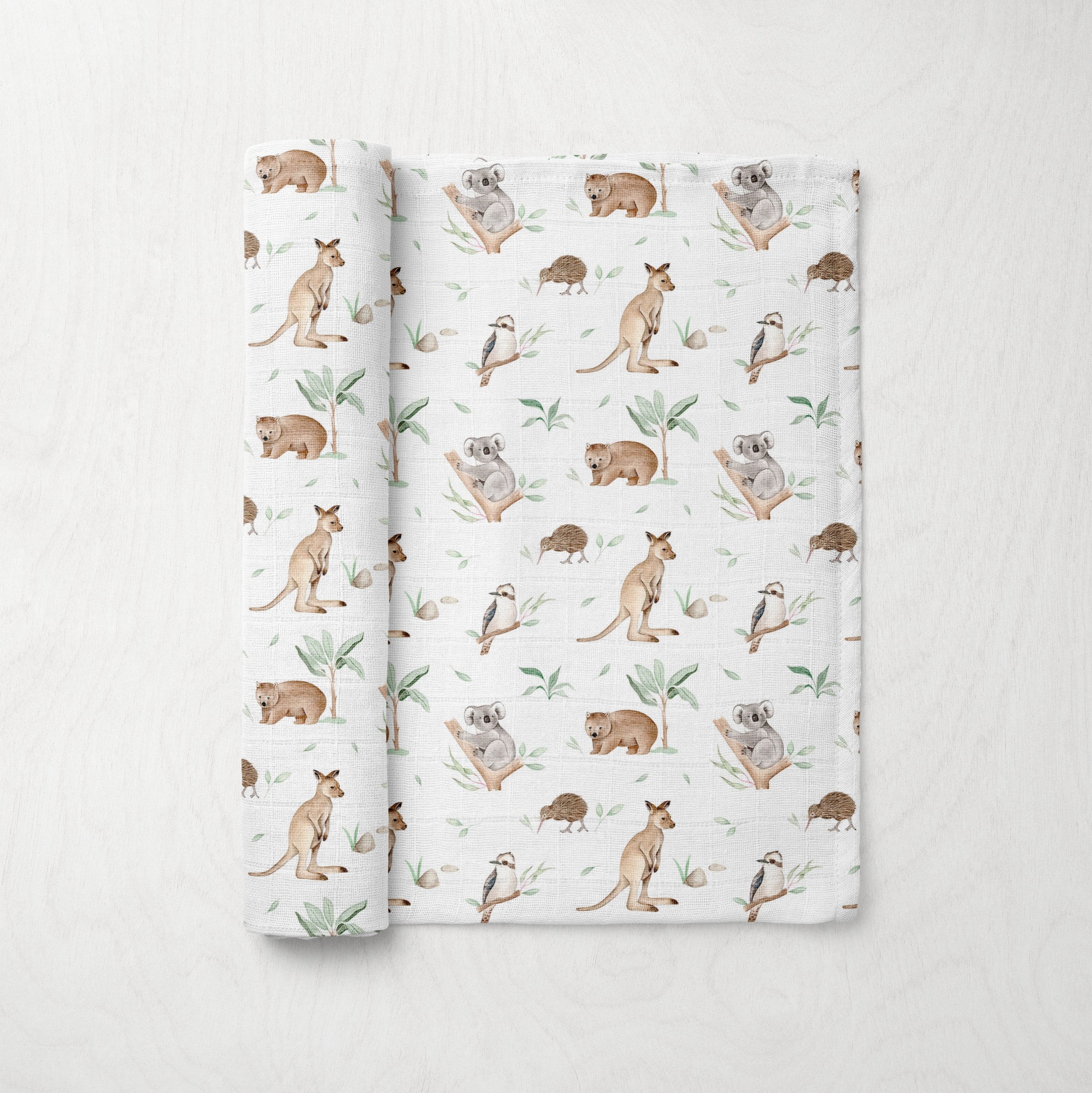 Silky Soft Organic Cotton & Bamboo Muslin Swaddle Blanket - Australian Animals