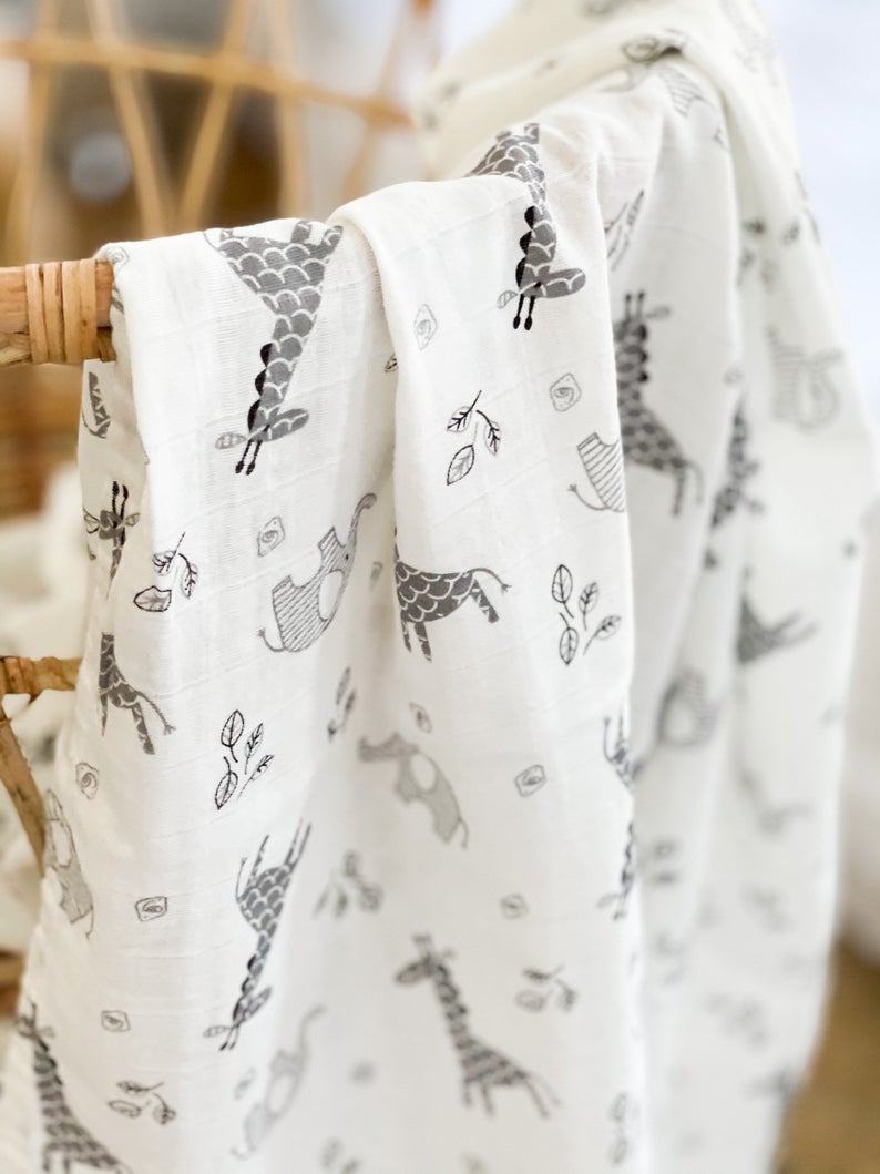 Giraffe & Elephant Cotton Muslin Swaddle Blanket